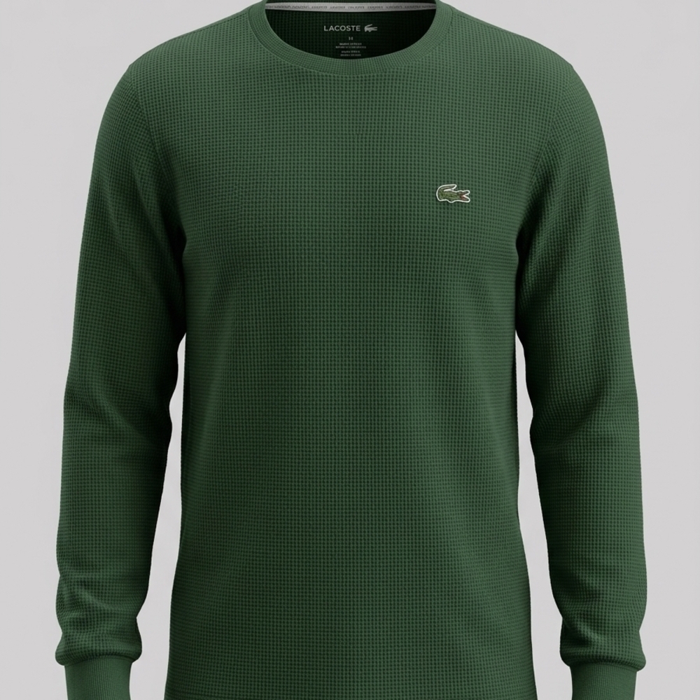 Lacoste Men's Green Knit Cotton Thermal XS Long Sleeve Logo Crew Neck